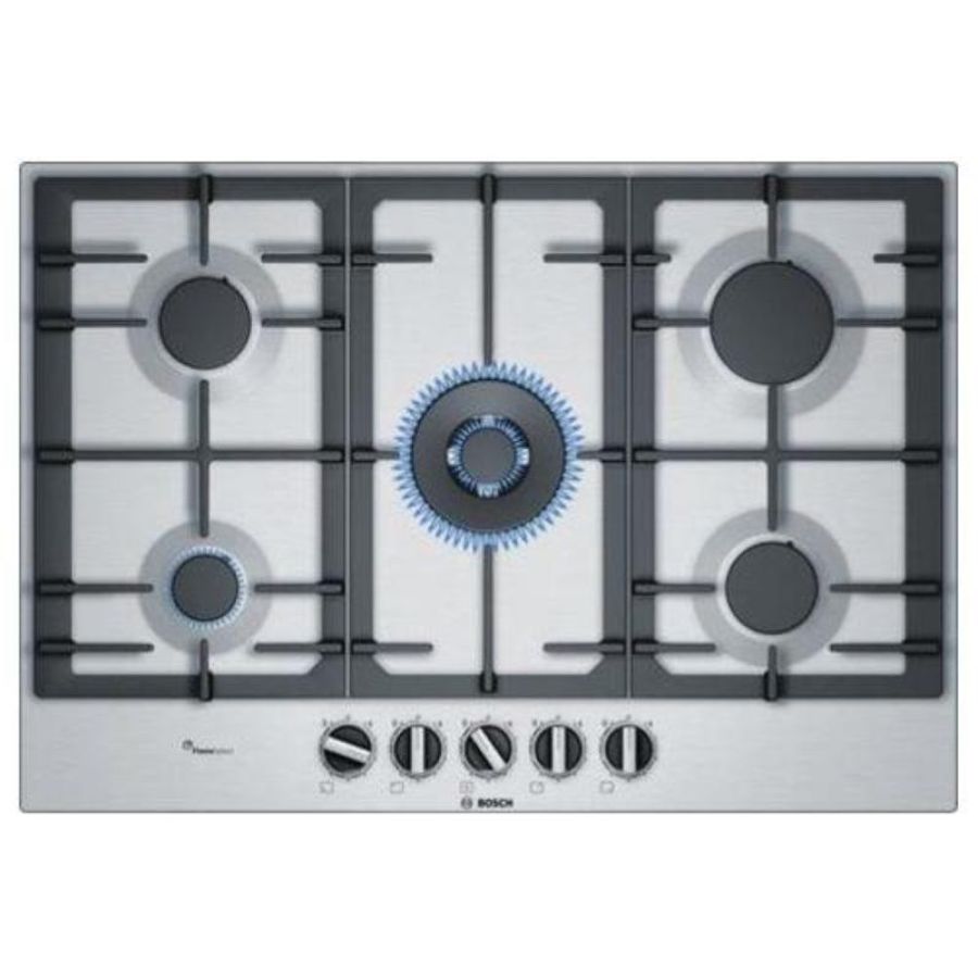 Bosch pcq7a5b90 serie 6 - piano cottura gas, 75 cm, 5 fuochi, flameselect, bruciatore wok, griglie in ghisa, acciaio inox