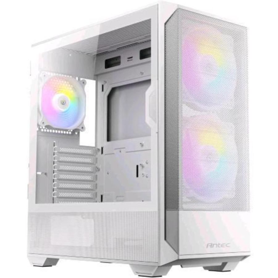 Antec nx416l argb case midi tower pannello frontale in rete ad alto flusso d`aria 2 ventole argb da 160mm frontali 1 argb da 120mm posteriore pannello laterale in vetro temperato atx/itx/matx bianco
