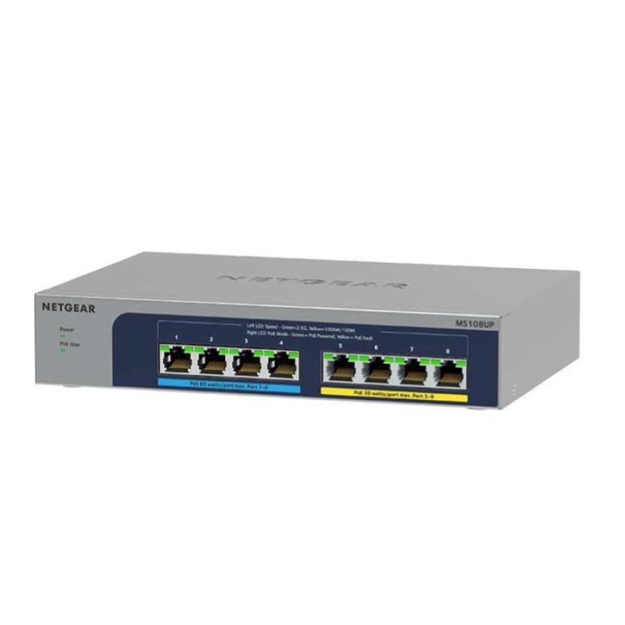 Netgear plus ms108up-100eus switch 8 porte 4 x 100/1000/2.5g (poe++) + 4 x 100/1000/2.5g (poe+) poe++ (230 w) desktop grigio