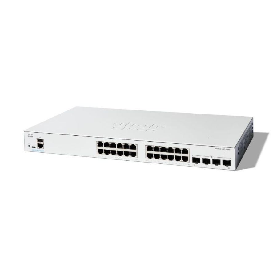 Cisco catalyst 1200-24t-4g switch gestito l3 - 24 x 10/100/1000 + 4 x gigabit sfp montabile su rack bianco