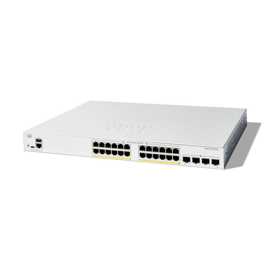 Cisco catalyst 1200-24fp-4g switch gestito l3 24 x 10/100/1000 (poe+) + 4 x gigabit ethernet sfp poe+ (375 w) montabile su rack bianco