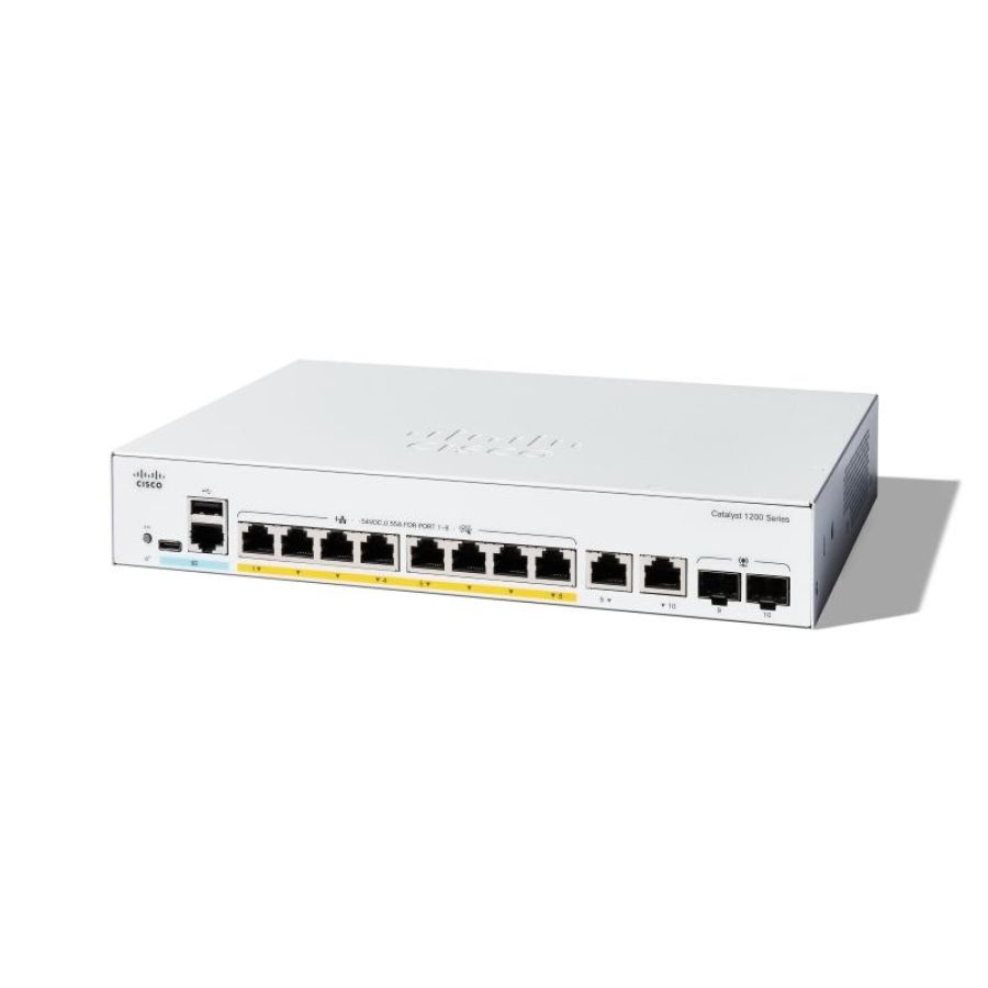 Cisco catalyst 1200-8p-e-2g switch gestito l3 - 8 x 10/100/1000 (poe+) + 2 x combo gigabit sfp/rj-45 -poe+ (67 w) montabile su rack bianco