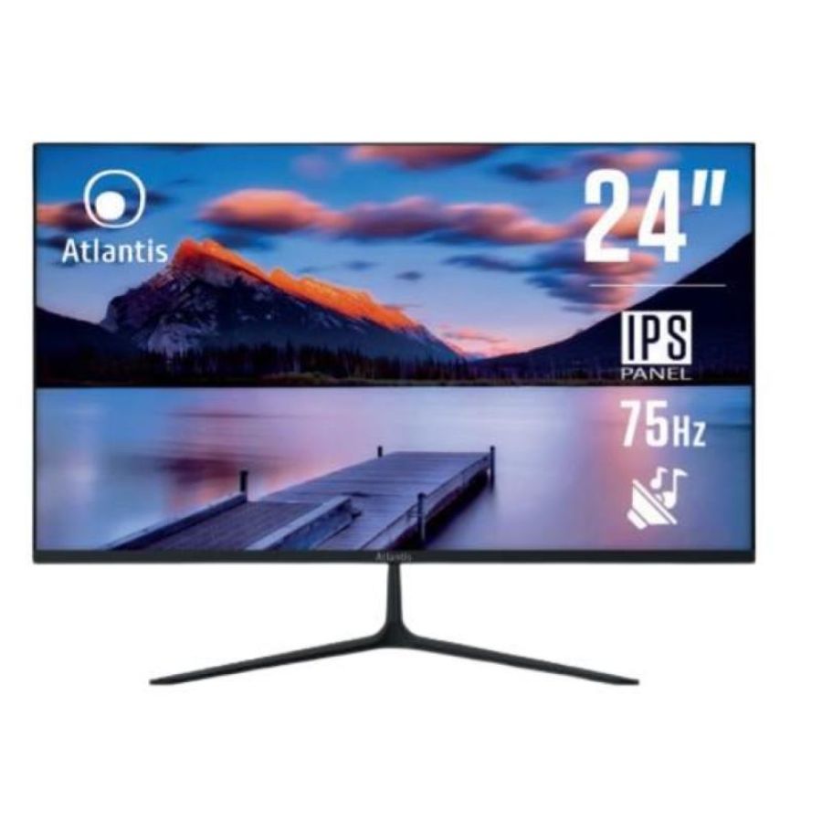 Atlantis monitor 24 pollici, schermo 24`` ips 75hz, full hd 1920x1080, vga hdmi dp, multimediale, freesync, uscita audio-cuffie, inclin, risposta 5ms, contrasto 1000:1, angolo 178-178, cavo hdmi 1,5m
