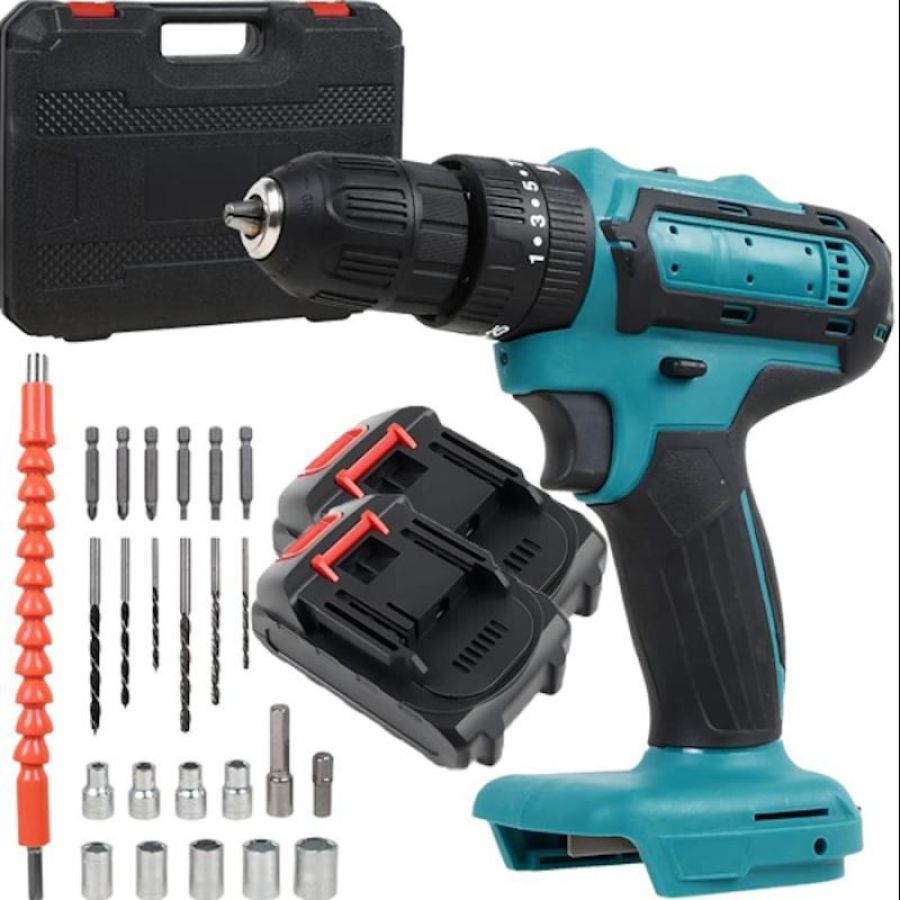 Kit avvitatore trapano completo di punte prolunga percussione con valigetta 2 batterie