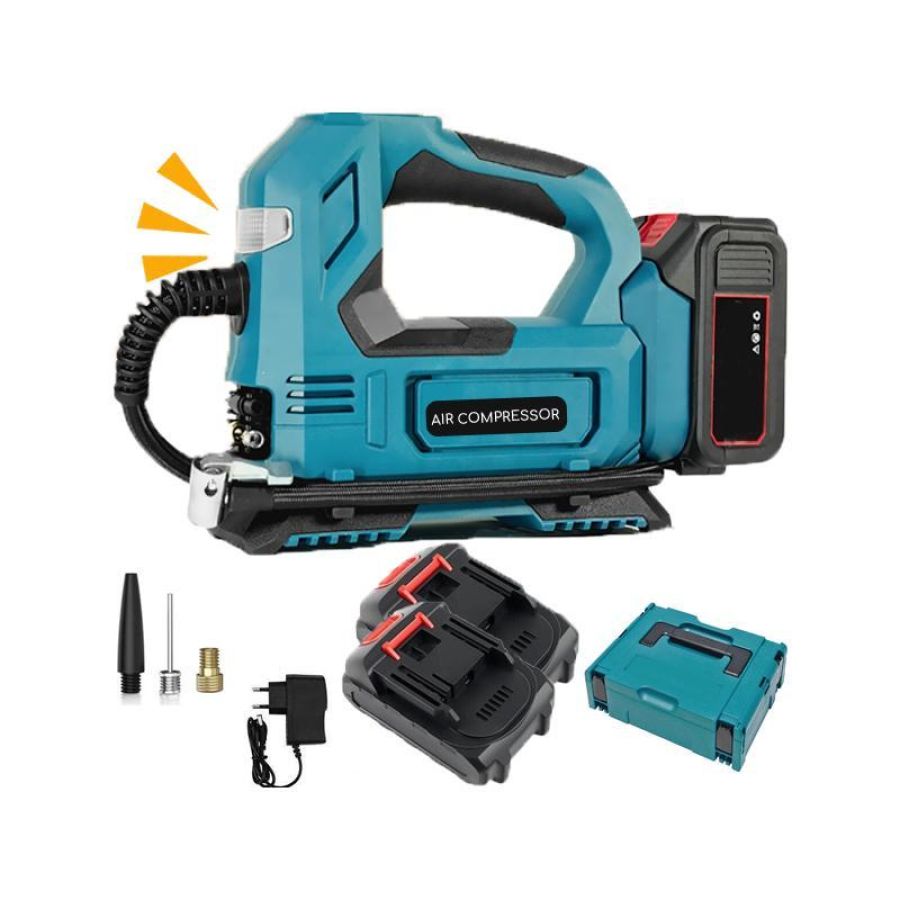 Compressore aria portatile kit in valigetta 2 batterie e accessori ugelli 2 gonfia pneumatici ruote auto moto bici 