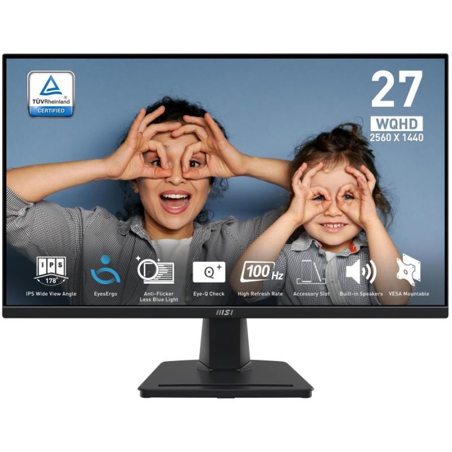 Msi pro mp275q monitor 27`` wqhd - pannello ips 100 hz (2560 x 1440), schermo eye-friendly, altoparlanti integrati, inclinabile, hdmi 2.0b, dp (1.2a)