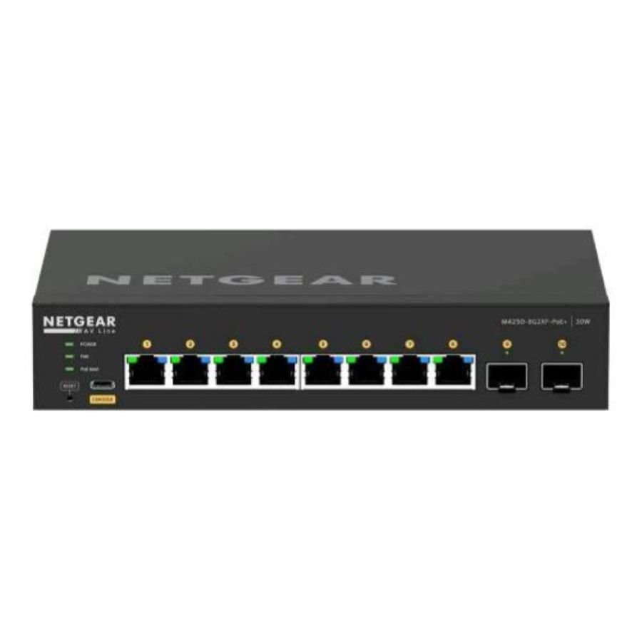 Netgear av line m4250-8g2xf-poe+ switch gestito l3 8 x 10/100/1000 (8 poe+) + 2 x 10 gigabit sfp+ poe+ (220 w) montabile su rack
