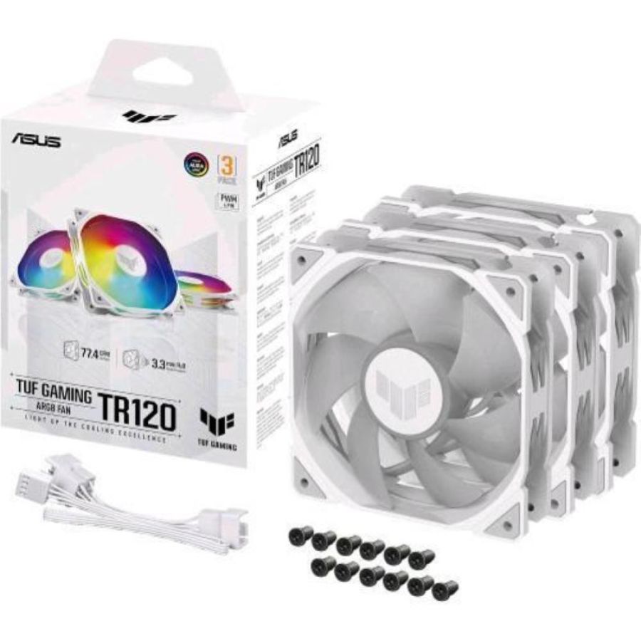 Asus tuf gaming tr120 argb fan 3 in 1 ventola 120mm 2.000rpm 16 led indirizzabili singolarmente pack 3 pz. bianco
