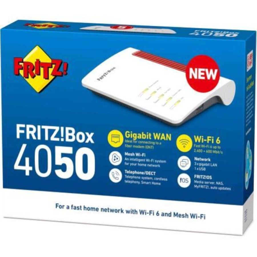 Avm fritz! box 4050 router wi-fi 6 dual band fino a 3.000 mbit/s, per modem operatore e ont, 1x wan gb, 3x lan gb, 1x usb, access point, mesh, dect, media server, vpn, voip