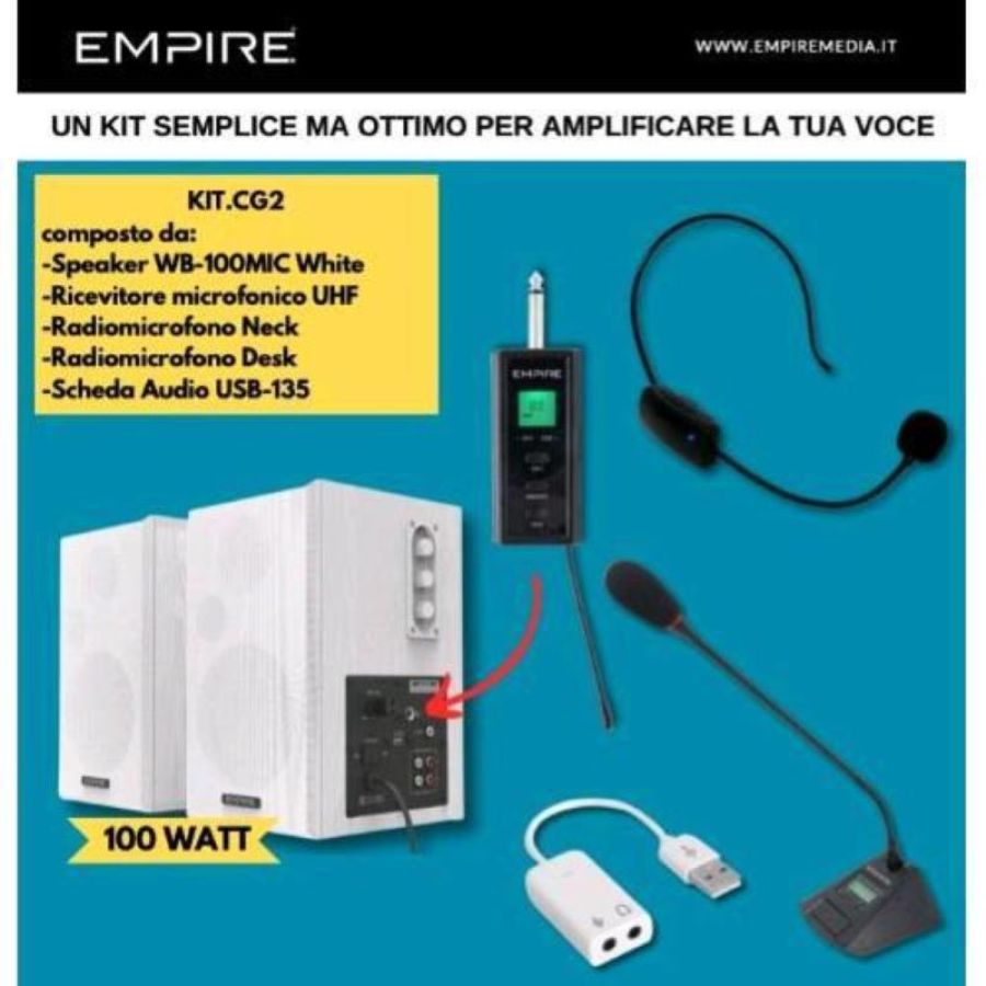 Empire kit casse 100w 2 radiomicrofoni + scheda audio usb