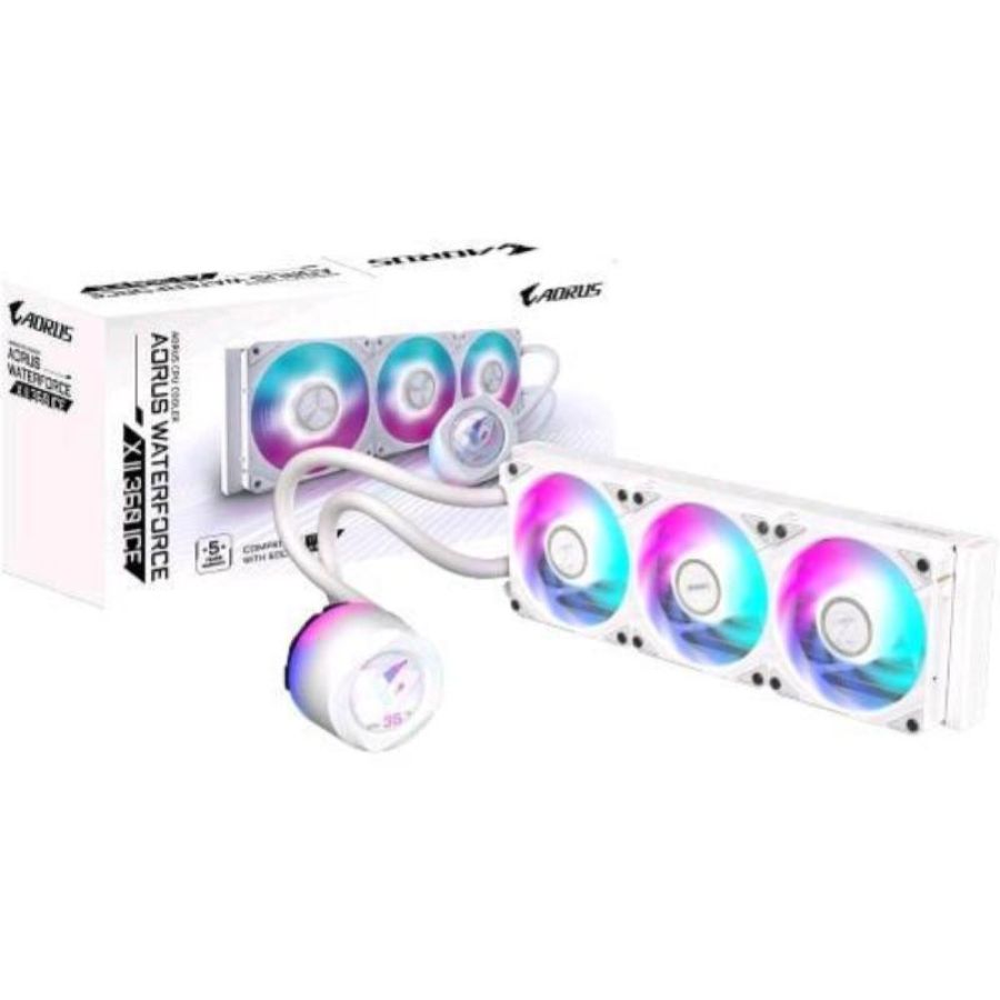 Gigabyte aorus waterforce x ii 360 ice aio liquid cpu cooler - ventole argb 3 x 120mm display lcd a colori completo- meccanismo di bloccaggio magnetico- daisy-chain intel 1700/1200/115x amd tr4/am5/am4/str5 bianco