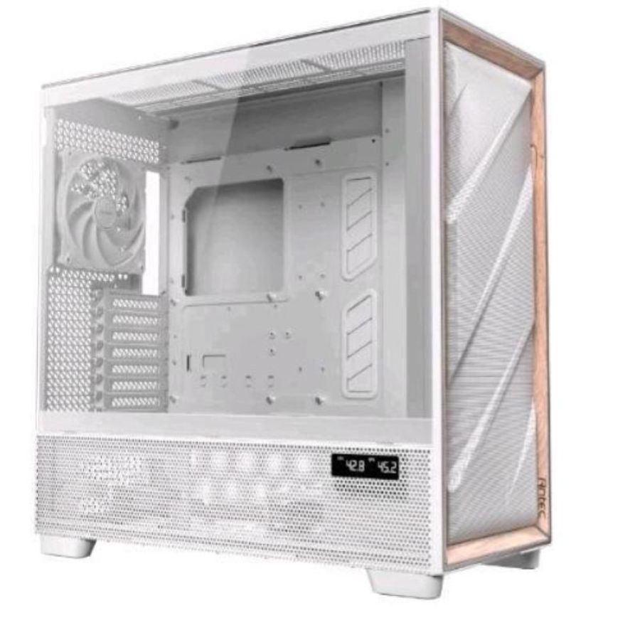 Antec flux pro full tower e-atx atx, micro-atx, itx frontale alto flusso con inseri in legno di betulla pannello laterale trasparente bianco