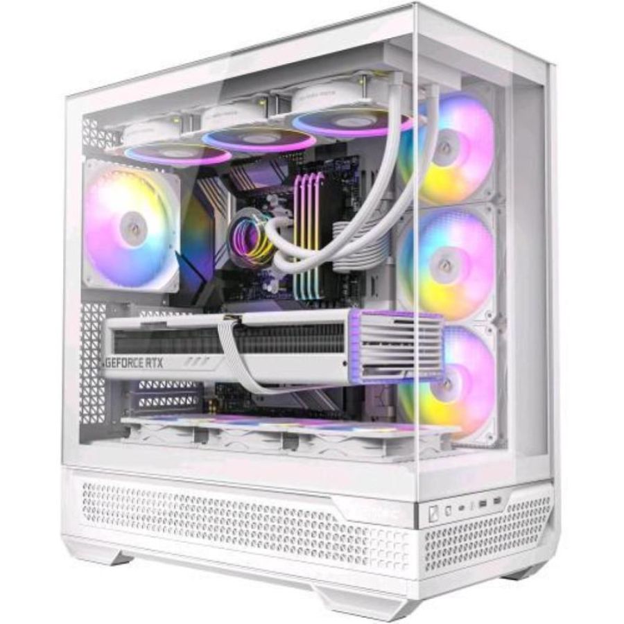 Antec c7 argb white midi tower supporto gpu rtx 40 4 ventole argb pwm da 120mm incluse raffreddamento verticale pannelli frontali e laterali in vetro temperato senza cuciture bianco