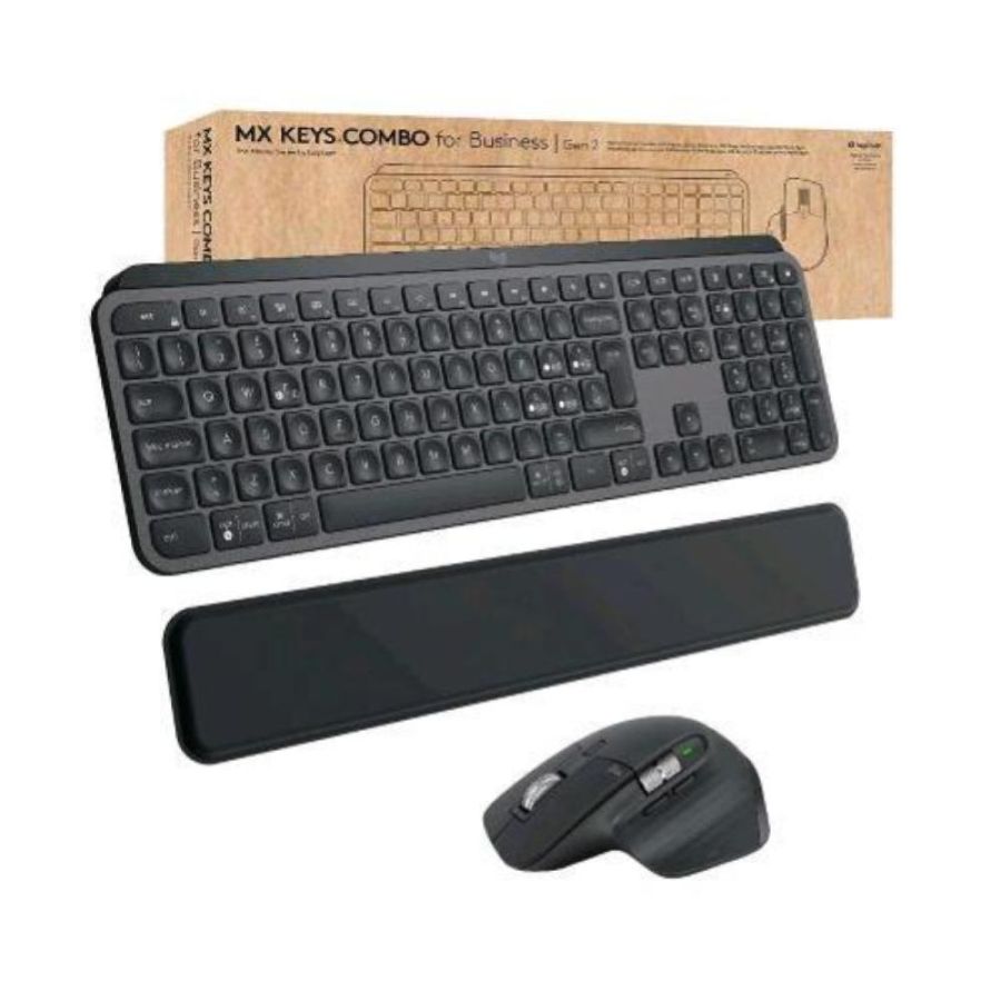 Logitech mx keys combo for business gen 2t kit tastiera e mouse rf bluetooth mano destra laser 8.000 dpi ricevitore nano con poggiapolsi click silenziosi grafite