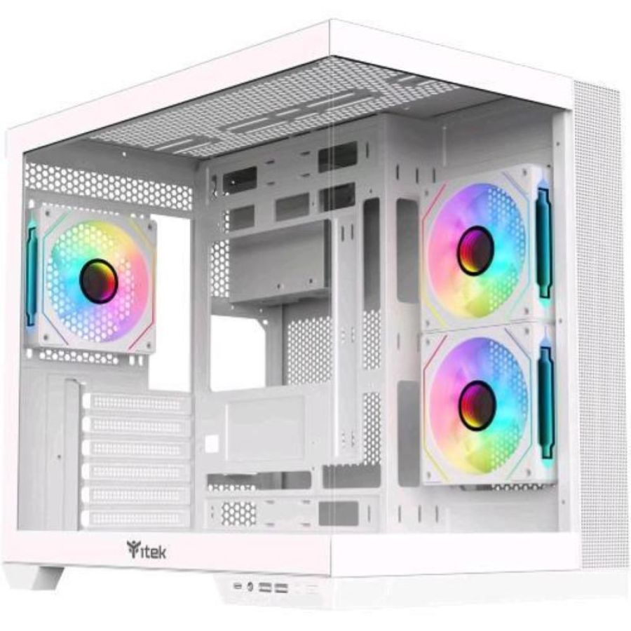 Itek dark cave ds tower gaming atx micro atx mini-itx 3 x 12cm argb fan 2 x usb3, type-c side & front panel temp glass white edition