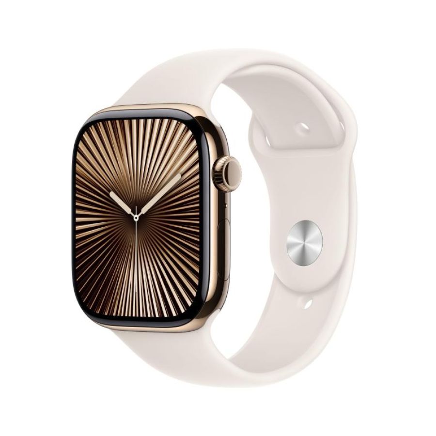 Apple watch series 10 gps + cellular 4g 46mm cassa in titanio oro cinturino sport starlight - m/l