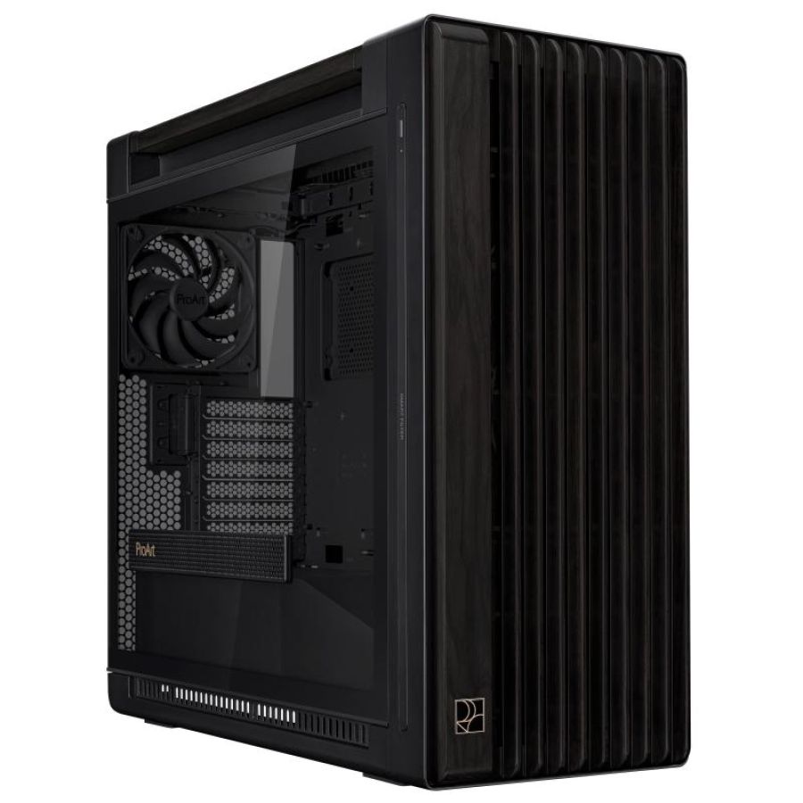 Asus proart pa602 wood tg pwm black case gaming e-atx in vetro temperato supporto per dissipatore da 420mm ventole da 140mm e 200mm rilevatore di polvere ir presa d`aria laterale nero