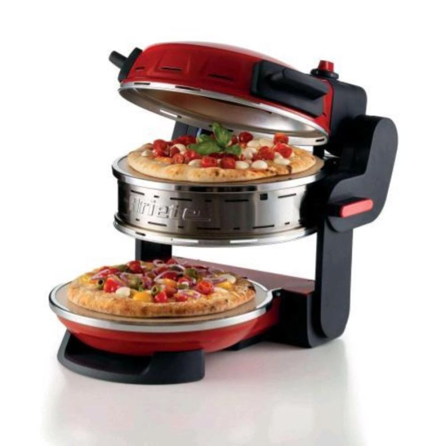 Ariete forno pizza doppio forno per pizza 2 piastre in pietra refrattaria antiaderenti cuoce 2 pizze contemporaneamente 5 livelli cottura 2300 w 400 grdi diametro 32cm rosso