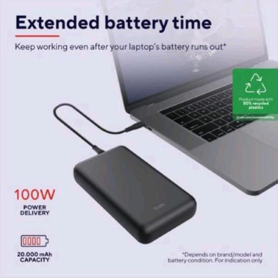 Trust laro powerbank per ricarica notebook 20.000mah power delivery 100 w usb-a usb-c nero
