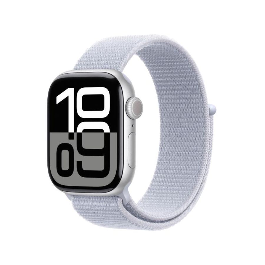 Apple watch series 10 gps + cellular 4g 42mm cassa in allumino argento cinturino sport loop nuvola azzurra