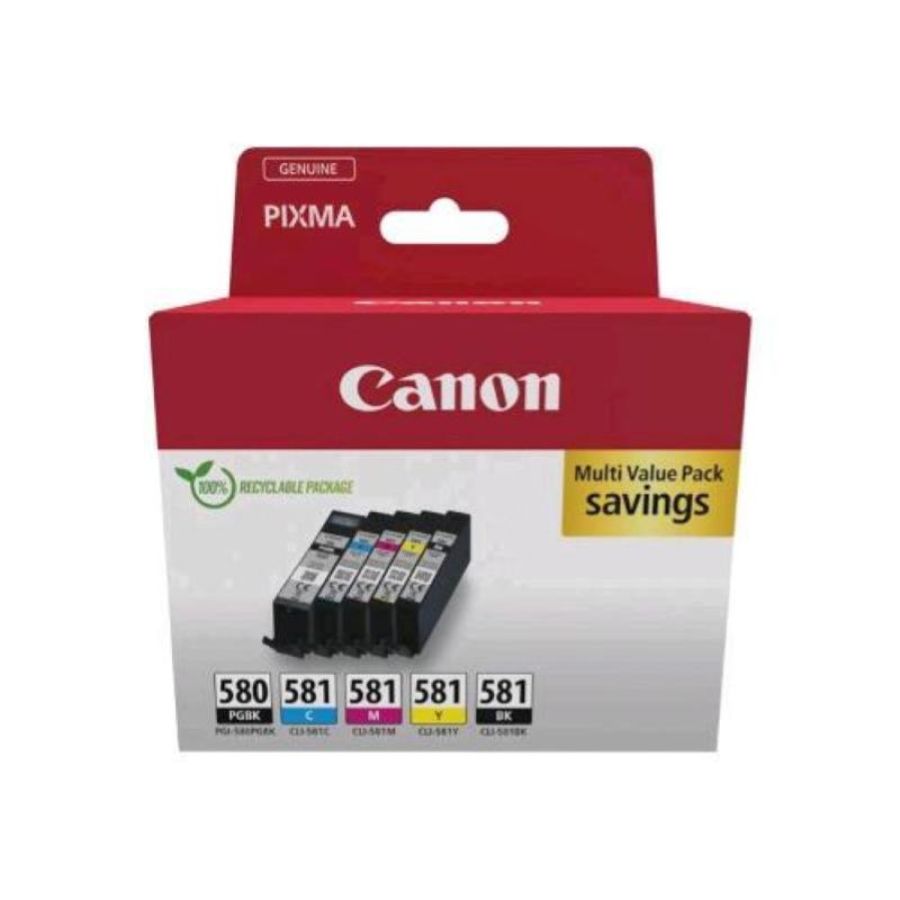 Canon pgi-580bk/cli-581 bk/c/m/y multipack confezione da 5 ink nero-giallo-ciano-magenta-pigmento nero per pixma ts6251, ts6350, ts6351, ts705, ts8252, ts8350, ts8351, ts8352, ts9550, ts9551