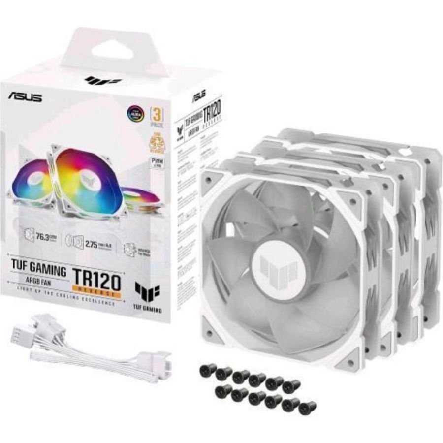 Asus tuf gaming tr120 argb fan reverse 3 in 1 ventole 120mm pwm 2.000rpm 16 led rgb indirizzabili singolarmente pack 3 pz. bianco
