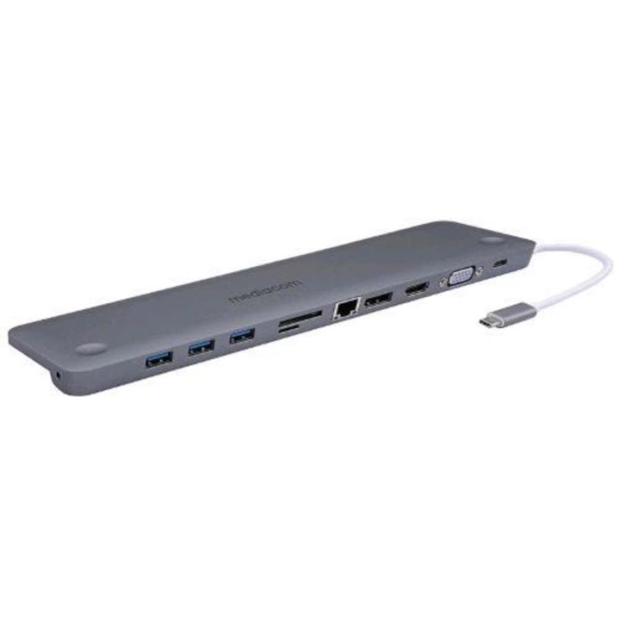 Mediacom md-c322 docking station power delivery 3 x usb-a 3.1 power delivery 7.5 w - 1 x usb-c 100 w - 1 x hdmi - 1 x displayport -1 x vga - 1 x rj-45 gigabit ethenert - 1 x jack 3.5mm - 1 x sd mmc memory - 1 x micro sd