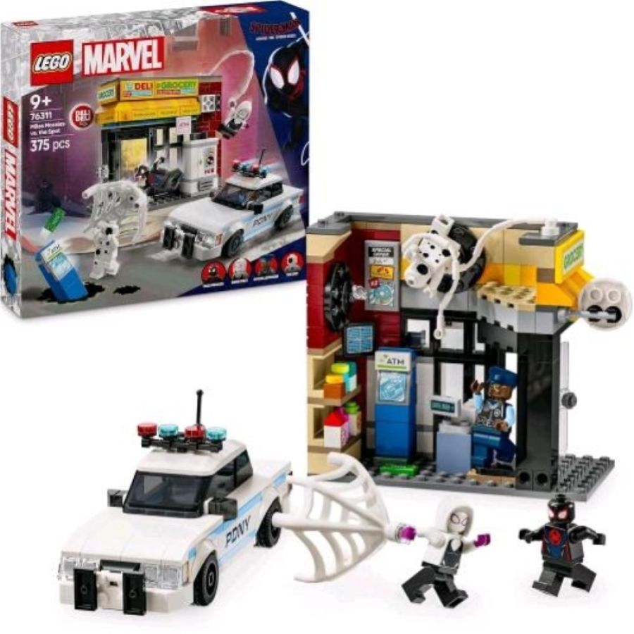 Lego spider verse miles morales contro la macchia set di supereroi con edificio e 4 minifigure