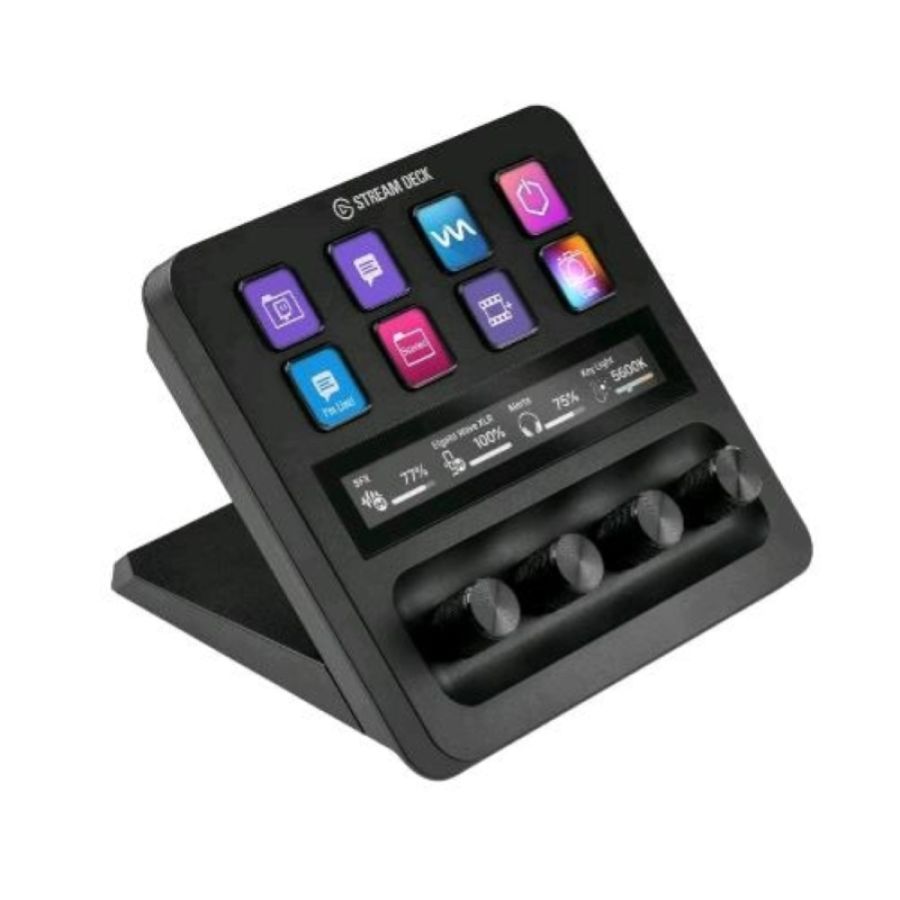 Elgato stream deck + mixer audio produzione live e controller da studio per content creator streaming gaming con striscia tattile personalizzabile manopole e tasti lcd compatibile con mac e pc black