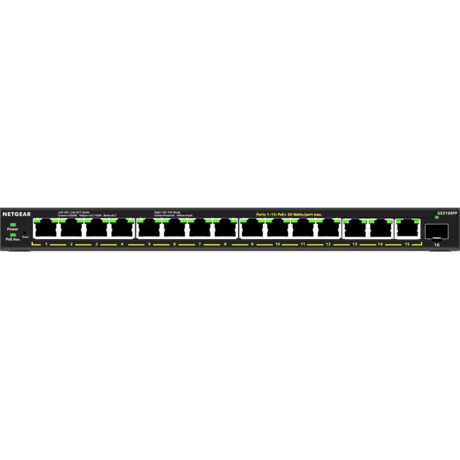 Netgear 16-port high-power poe+ gigabit ethernet plus switch (231w) with 1 sfp port (gs316epp) gestito gigabit ethernet