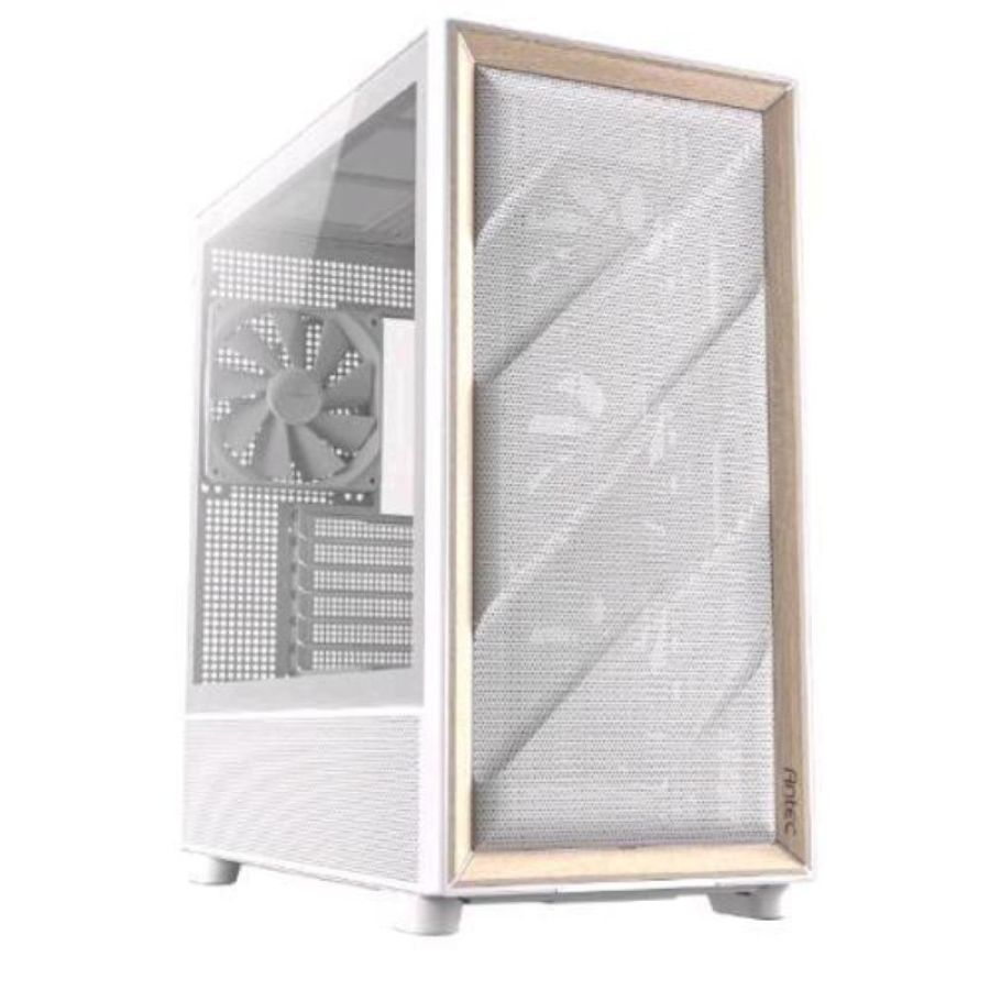 Antec flux wood mid tower frontale alto flusso rifiniture in legno di betulla 5 ventole pwm incluse radiatore 420mm finestra laterale bianco
