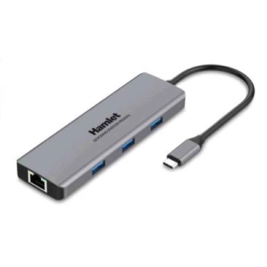 Hamlet hdkc-pd200u docking station usb-c power delivery 85w 4xusb 3.0 1xusb-c 1xhdmi lan 10/100/1000 mbps uscita audiojack 3,5 mm grey
