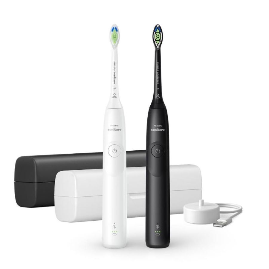 Philips hx7109/01 spazzolino da denti elettrico ricaricabile tecnologia sonicare 5300 2 livelli di intensita` con base di ricarica e custodia bianco nero conf 2 pz.
