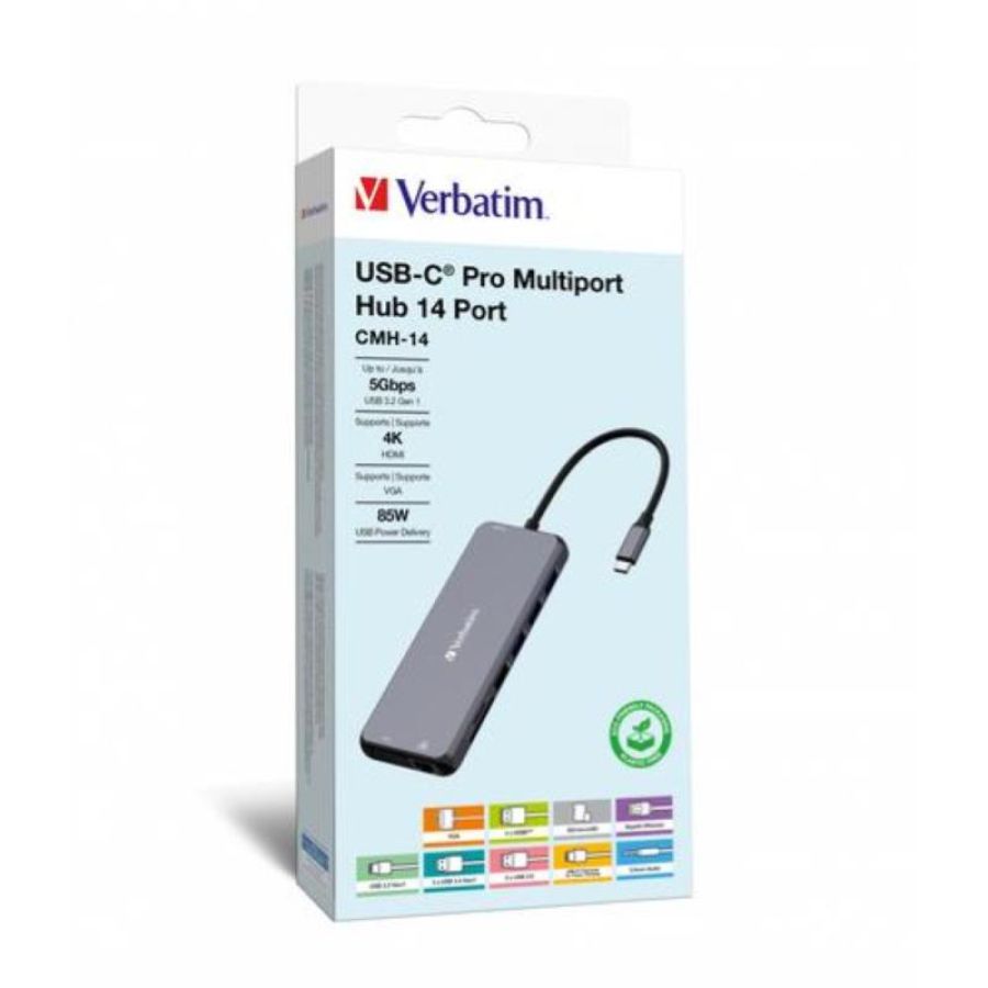 Verbatim cmh-14 multiport hub 14 porte usb tipo-c 5000 mbit-s argento