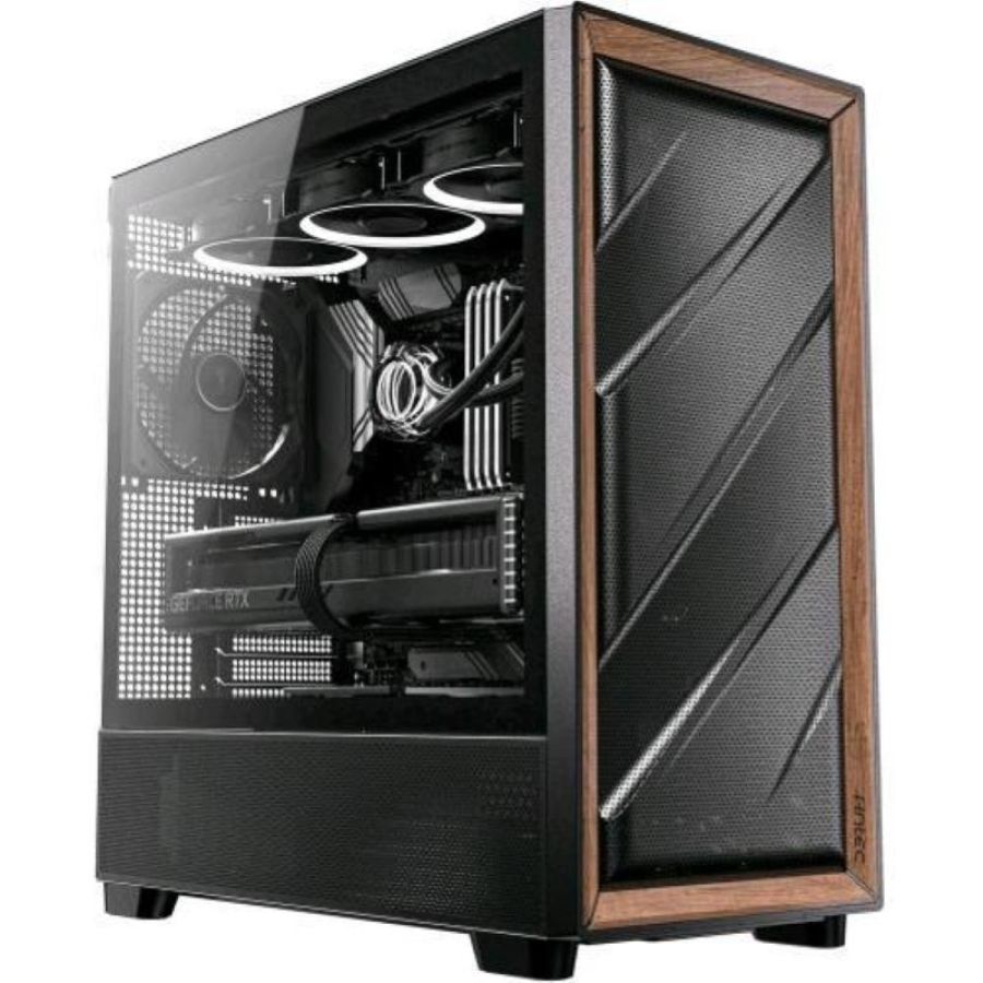 Antec flux wood mid tower frontale alto flusso rifiniture in legno di noce 5 ventole pwm incluse radiatore 420mm finestra laterale nero