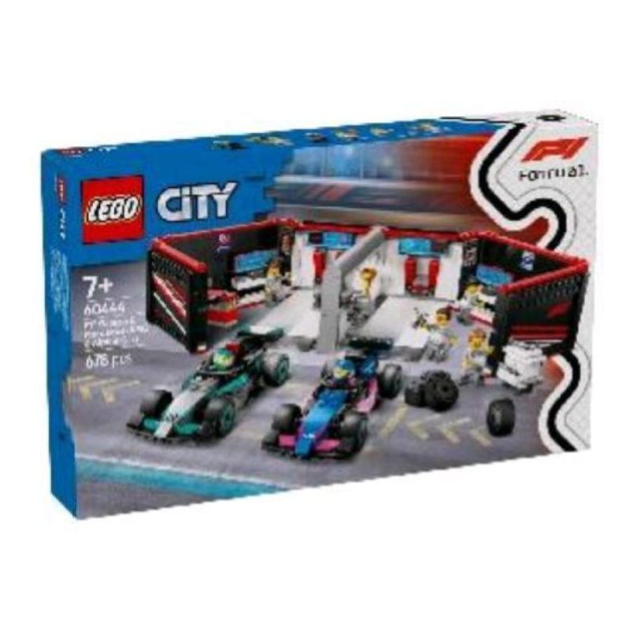 Lego city garage con monop mercedes-amg alpine f1 con le minifigure di 2 piloti e 4 meccanici