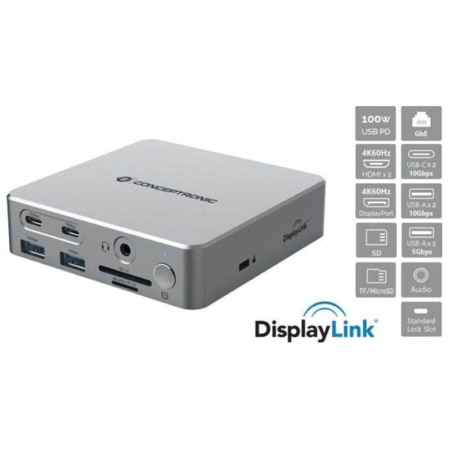Conceptronic donn25g replicatore di porte e docking station per laptop cablato usb 3.2 gen 2 (3.1 gen 2) type-c argento