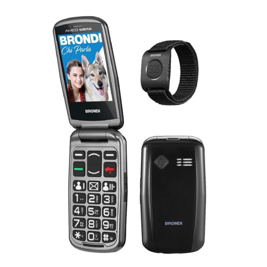Brondi amico sicuro plus 2.8`` dual sim sos black metal con base di ricarica e braccialetto sos
