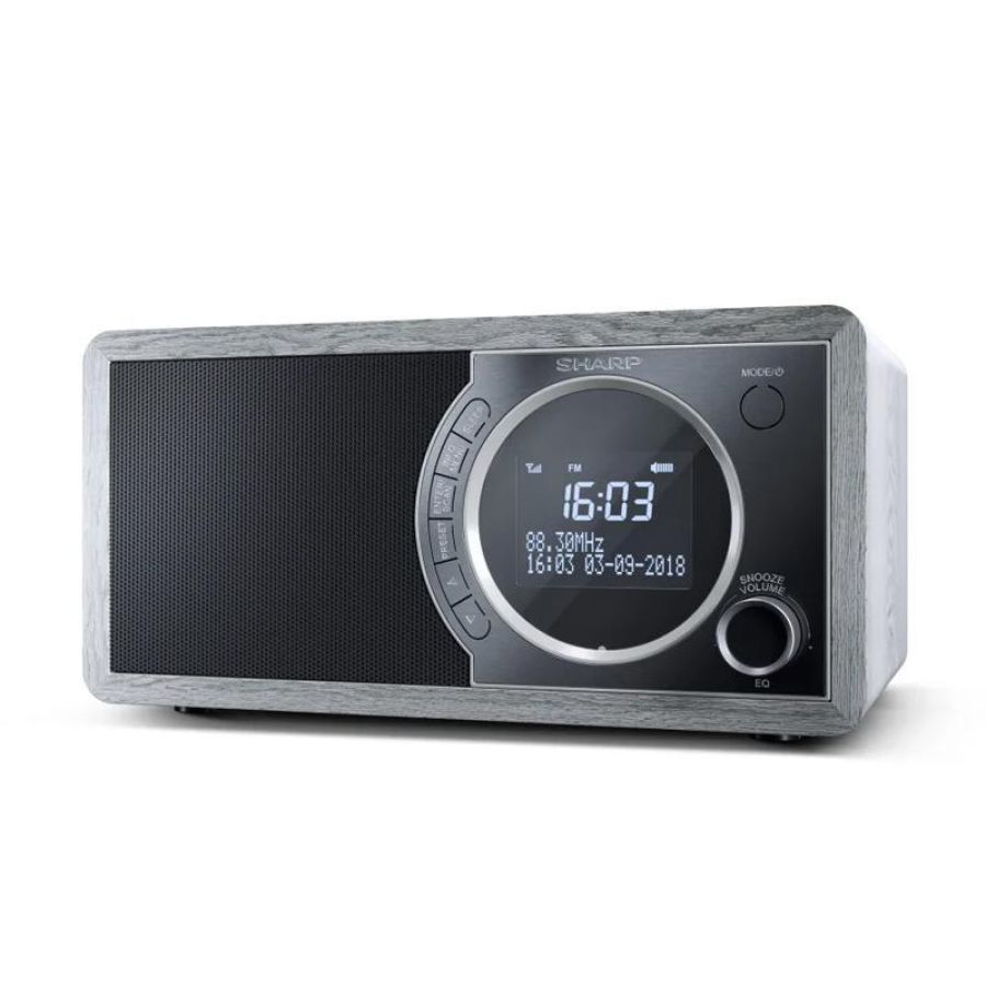 Sharp dr-450 radio digitale dab/dab+/fm bluetooth 4.2 funzione sveglia/sonno e snooze lcd monocromatico 6w in legno grigio