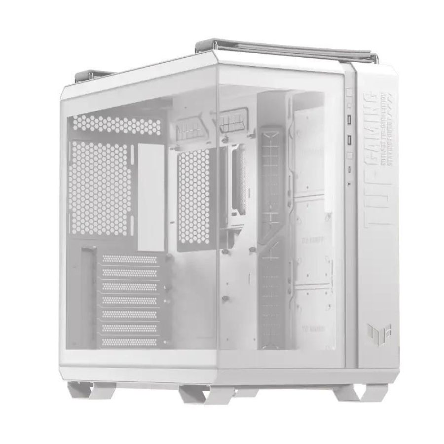 Asus tuf gaming gt502 horizon tg argb white chassis a doppia camera con design panoramico e pannello in vetro, 4 ventole argb preinstallate, porta usb-c ad alta velocita` bianco