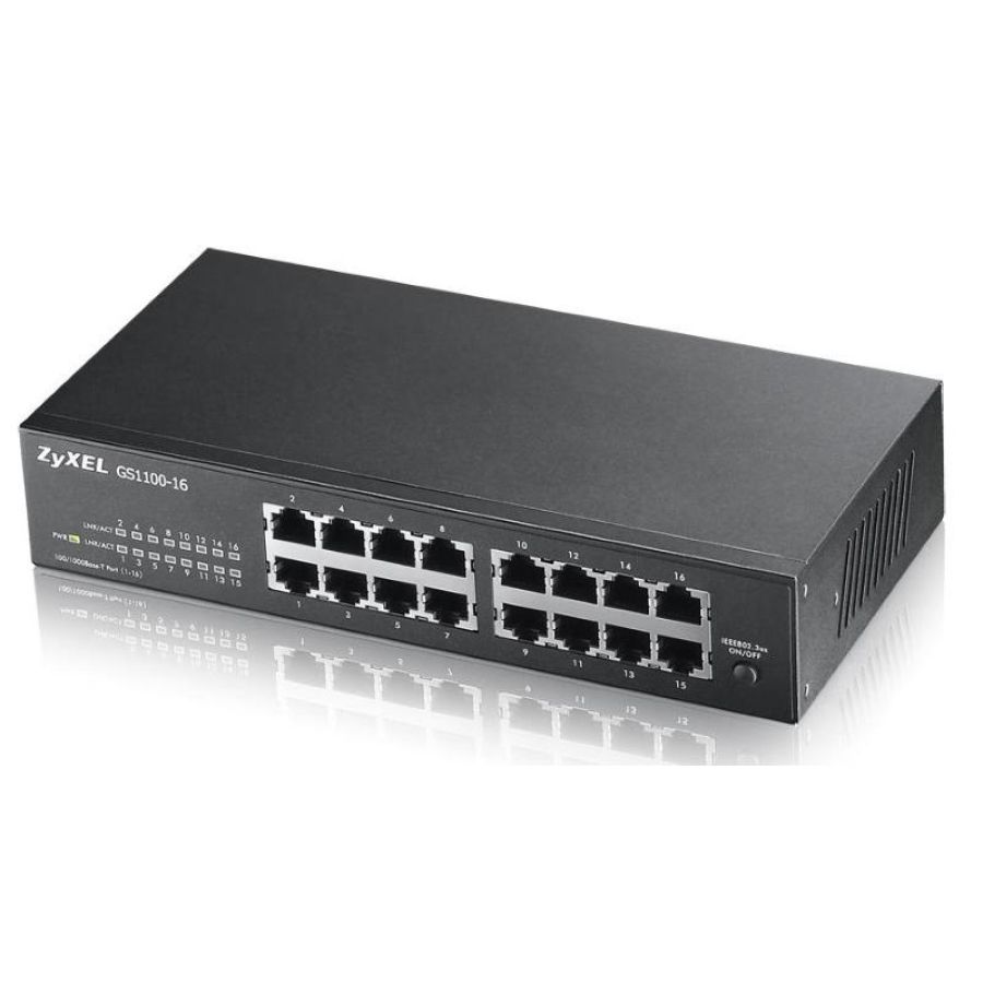 Switch 16p lan gigabit zyxel gs1100-16-eu0102f/gs1100-16-eu0103f switch unmanaged,16p design senza ventole, desktop/rack