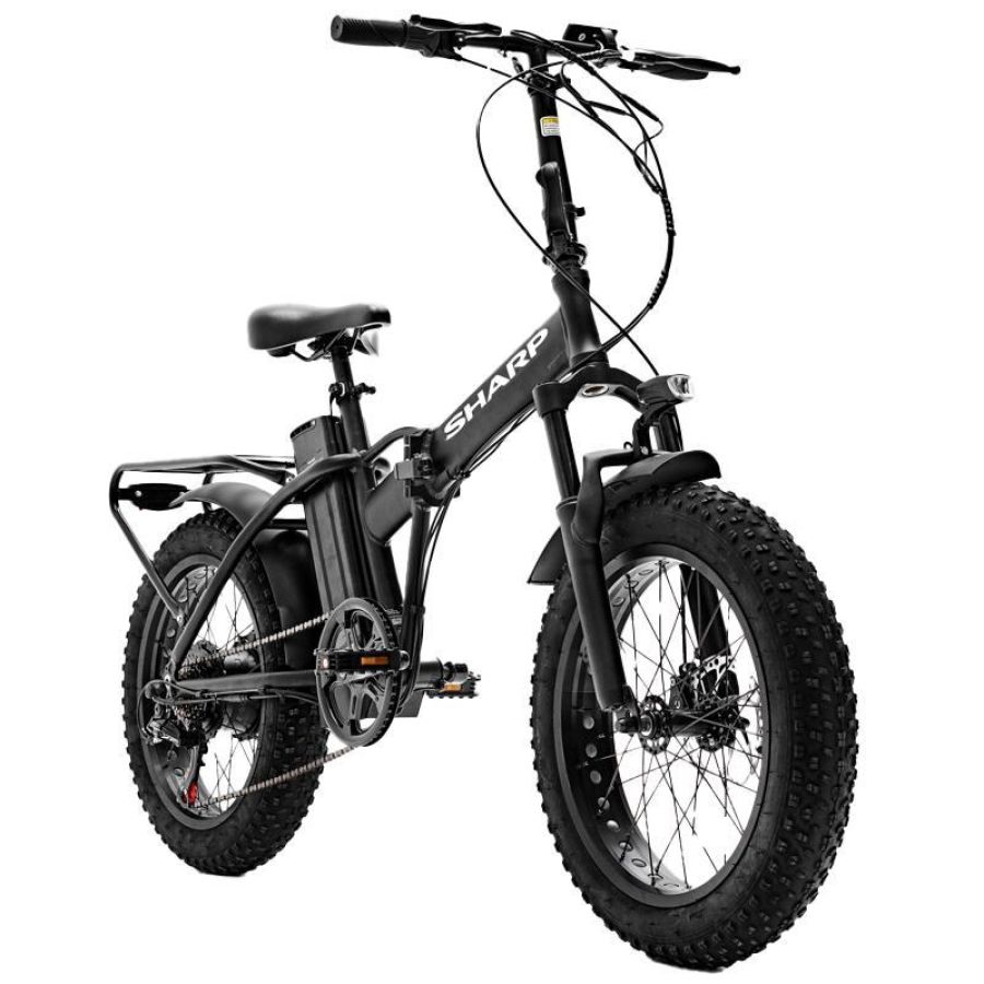 Sharp basel (bk-fm02e-b) foldable fat e-bike (black) - bicicletta elettrica - ruote 20x4 - motore 250w 36v - batteria 36v 13ah certificata - telaio in alluminio - autonomia fino ad 50km - forcella ammortizzata