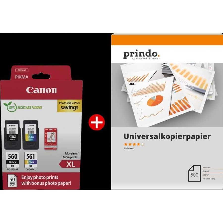 Pg-560xl+cl-561xl mcvp + prindo universal papier 500 blatt