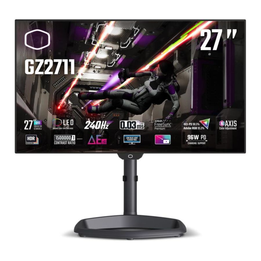 Cooler master monitor gaming 27 oled 16:9 qhd 0,3 ms 240hz, dci-p3 98,5, adobe rgb 95,3, pivot, usb-c dock, dp/hdmi, multimediale, tempest gz2711