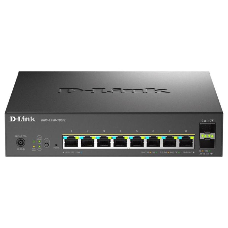 D-link switch 10-port multi-gigabit smart managed poe+ including 8 multi-gigabit 2.5g poe and 2 10g