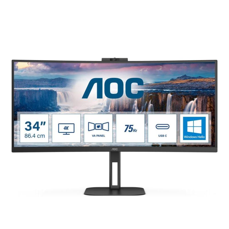Aoc monitor curvo 34 led va wqhd 21:9 4ms 300 cdm, altezza, webcam, usb-c, dp/hdmi, multimediale