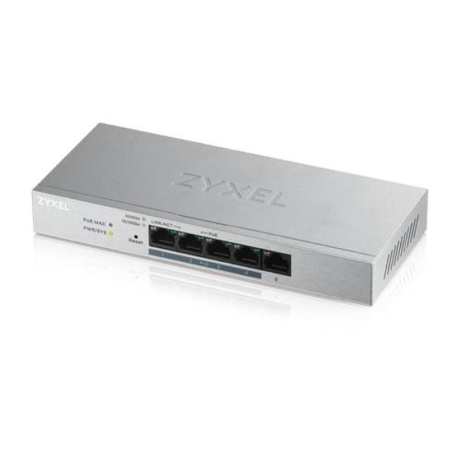 Zyxel switch unmanaged plus 5 porte gigabit (4 poe), easy management per vlan, qos, design senza ventole, desktop