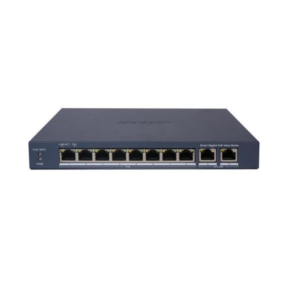 Hikvision switch l2, smart managed, 8 gigabit rj45 poe ports, 2 gigabit rj45 port, 802.3af/at, poe p