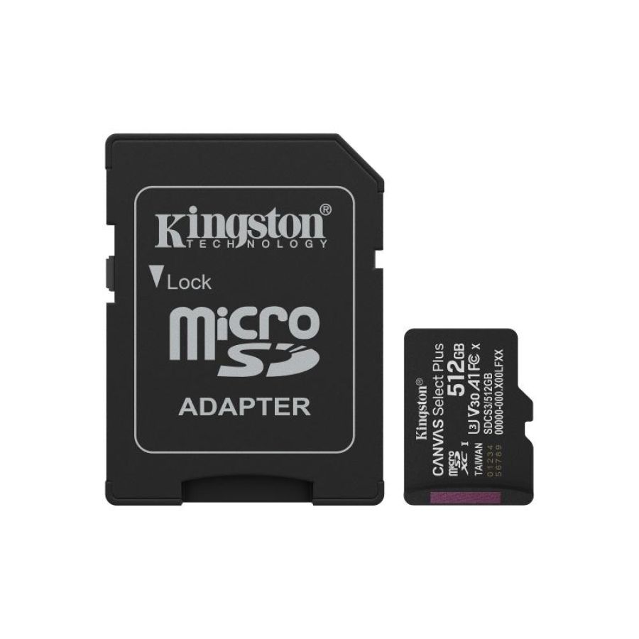 Sd-micro kingston 512gb canvas select plus classe 10, uhs-i, u3, video 30, a1, read 150mb/s + adattatore - sdcs3/512gb