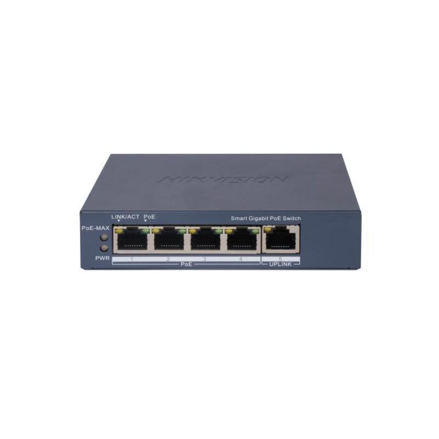 Hikvision switch l2, smart managed, 4 gigabit rj45 poe ports, 1 gigabit rj45 port, 802.3af/at, poe p